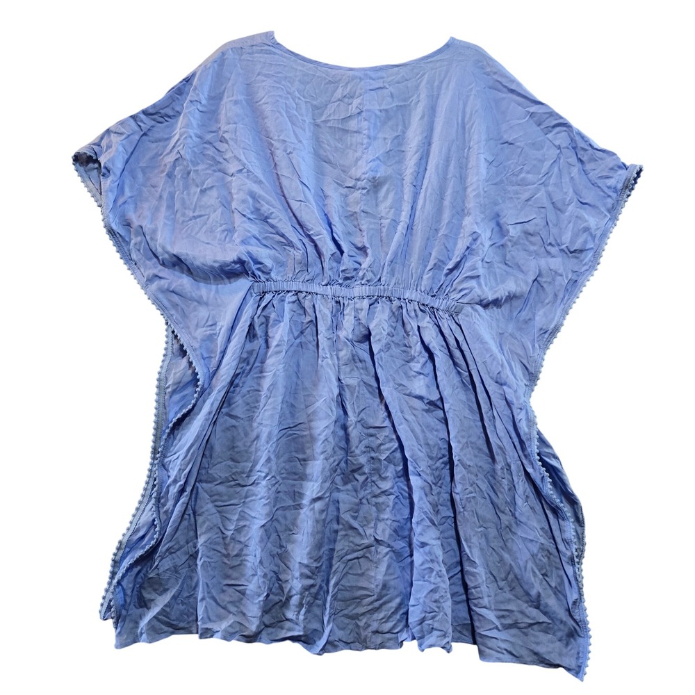 Draper James Blue Kaftan Swim Cover Up V-Neck Drawstring Waist Pom Pom Trim L - Picture 2 of 11